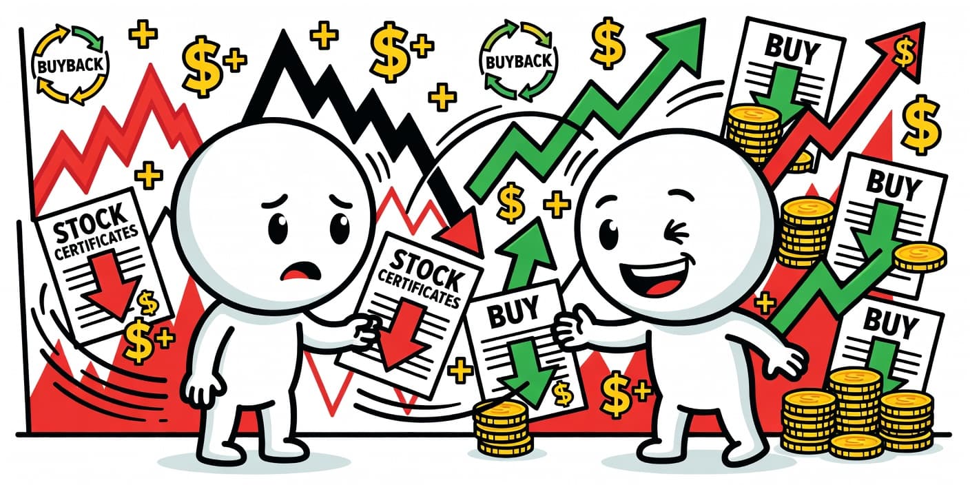 외국인 매도 화살표 아래 금융주 차트가 상승하는 카툰 이미지, 주주환원 배당금과 자사주 소각 아이콘으로 고점 랠리 불안감을 표현한 일러스트