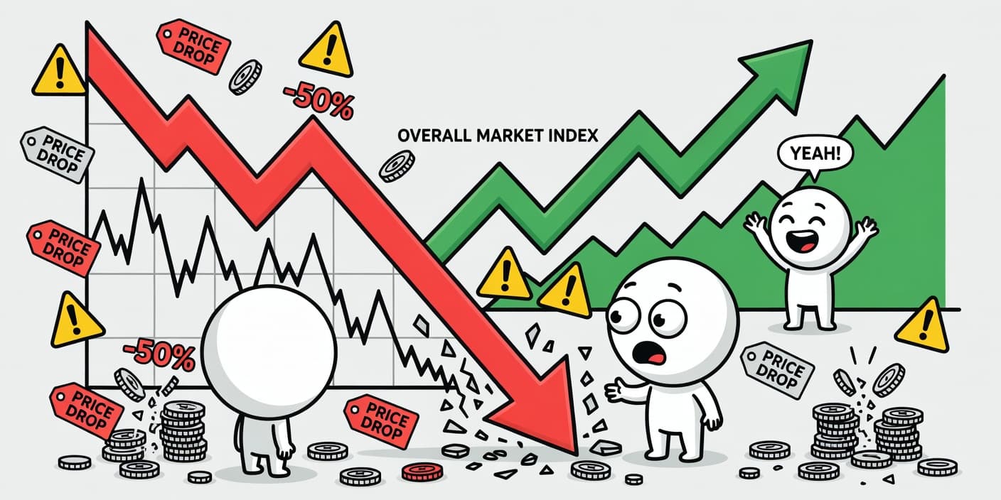 코스피 6000포인트 불장 속 일부 종목 목표주가 하향 화살표와 차트로 표현한 카툰 이미지, 시장 온도차와 선별 장세 강조