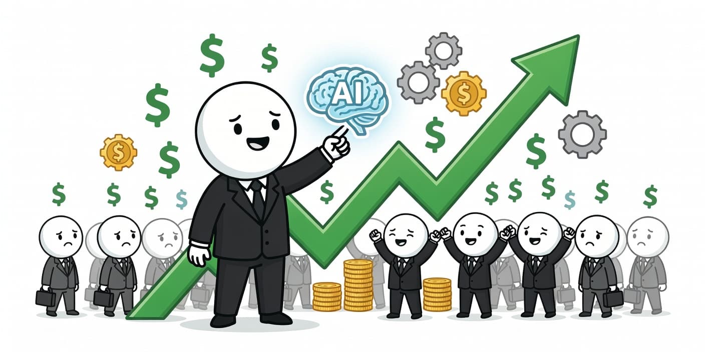 블록 잭 도시 CEO가 AI 아이콘을 들고 주가 상승 화살표를 가리키는 가운데 직원들이 짐을 들고 떠나는 카툰 이미지, AI 구조조정과 주가 25% 폭등 장면 표현