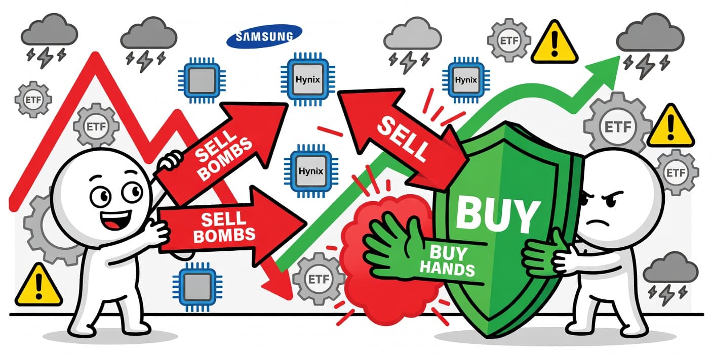 외국인 매도 폭탄을 막아내는 개인 투자자 캐릭터와 삼성전자 SK하이닉스 칩 아이콘, 코스피 차트 안정화 장면을 표현한 카툰 이미지