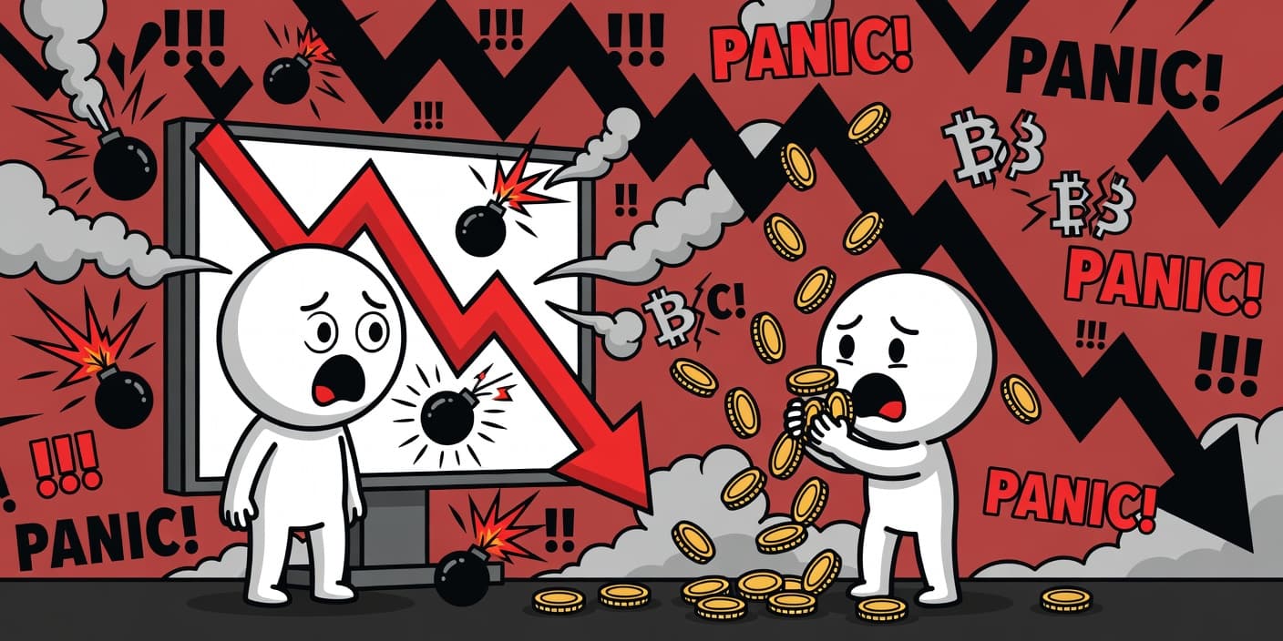 이란 공습으로 폭락하는 비트코인 차트와 하락 화살표, 금화와 깨진 코인 심볼이 어우러진 카툰 이미지로 지정학적 리스크 시장 충격 표현