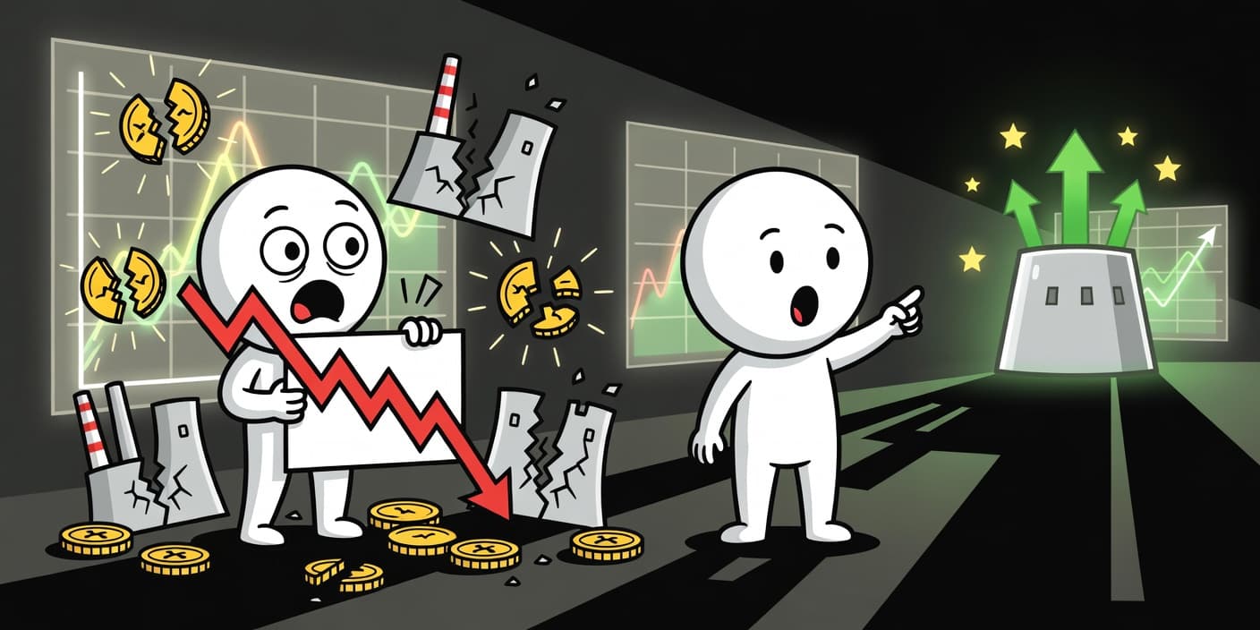 한국전력 주가 폭락과 미국 원전 사업 기대를 상징하는 카툰 이미지: 하락 차트와 원전 아이콘으로 실적 쇼크와 모멘텀 대립 표현