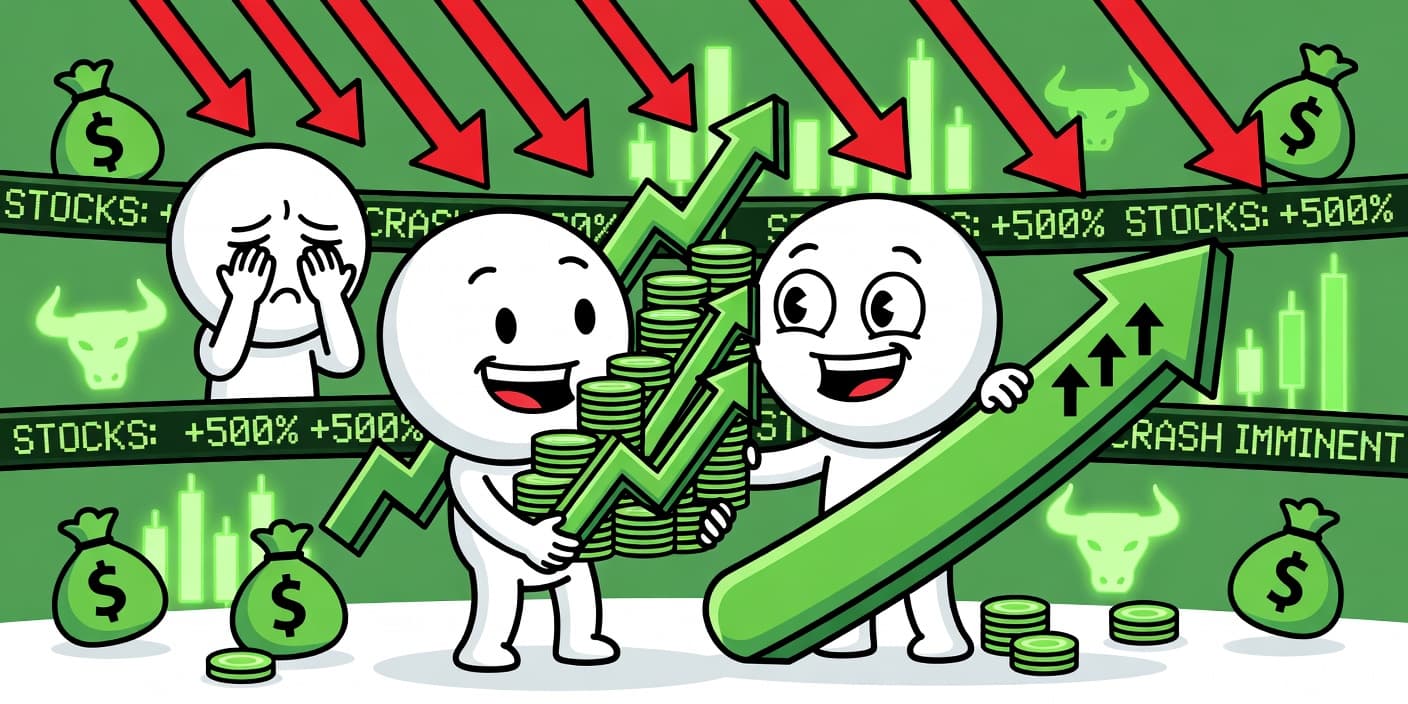 빚투 급증하는 증시 광풍을 상징하는 카툰 이미지: 상승 차트와 화살표를 잡은 흥분된 캐릭터와 하락 위험을 걱정하는 캐릭터, 돈주머니와 금융 아이콘으로 시장 과열 표현