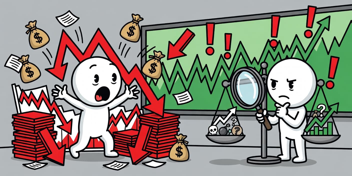 외국인 순매도 폭풍으로 하락하는 코스피 차트와 충격받은 캐릭터, 위험 선호도 분석을 상징하는 균형 저울 이미지를 카툰 스타일로 표현한 일러스트