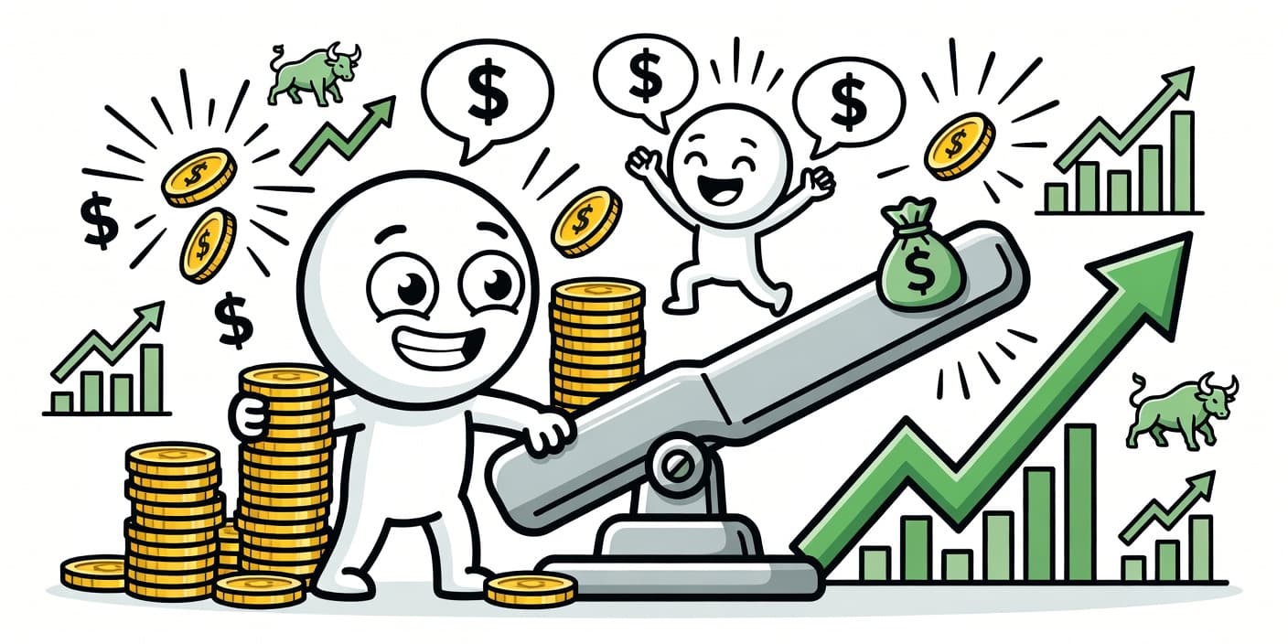 빚투 열풍을 상징하는 카툰 이미지: 돈주머니와 상승 차트, 화살표를 들고 기뻐하는 캐릭터가 주식 불장과 신용융자 32조원 규모를 표현하며 투자 열기를 강조