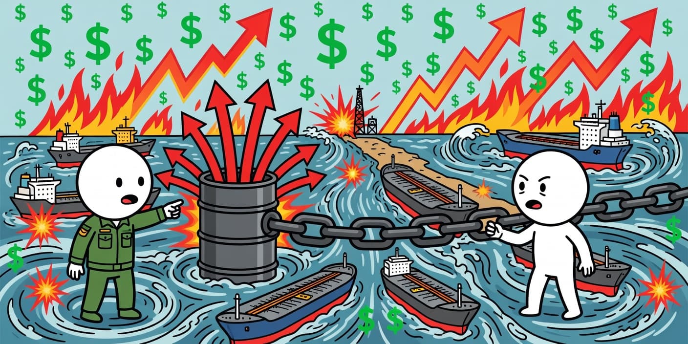 이란 호르무즈 해협 봉쇄와 유가 100달러 급등을 상징하는 카툰 이미지: 폭발하는 원유 통과 상승 화살표, 군인 캐릭터와 유조선이 어우러진 긴장된 시장 리스크 표현