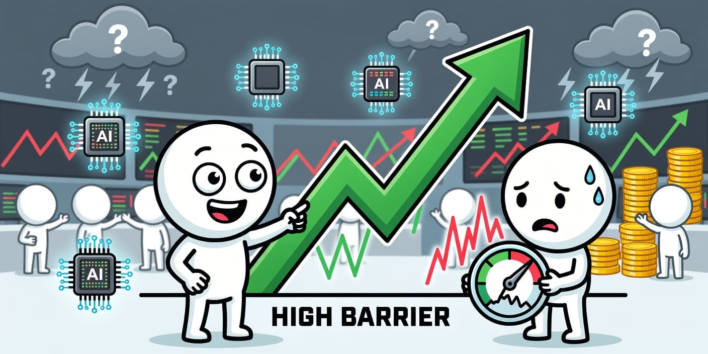 코스피 6000포인트 돌파를 상징하는 상승 화살표와 차트, 공포지수 상승 아이콘, 반도체 칩과 AI 서버가 어우러진 카툰 이미지로 시장 기대와 우려를 표현
