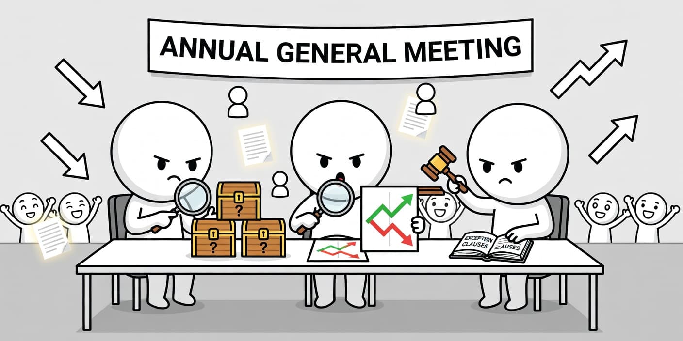 주주총회 테이블에서 자사주 소각 문서와 정관 변경 아이콘을 확대 검토하는 캐릭터들, 상법 개정안 관전포인트 3가지를 상징하는 금융 차트와 화살표가 주변에 배치된 카툰 이미지