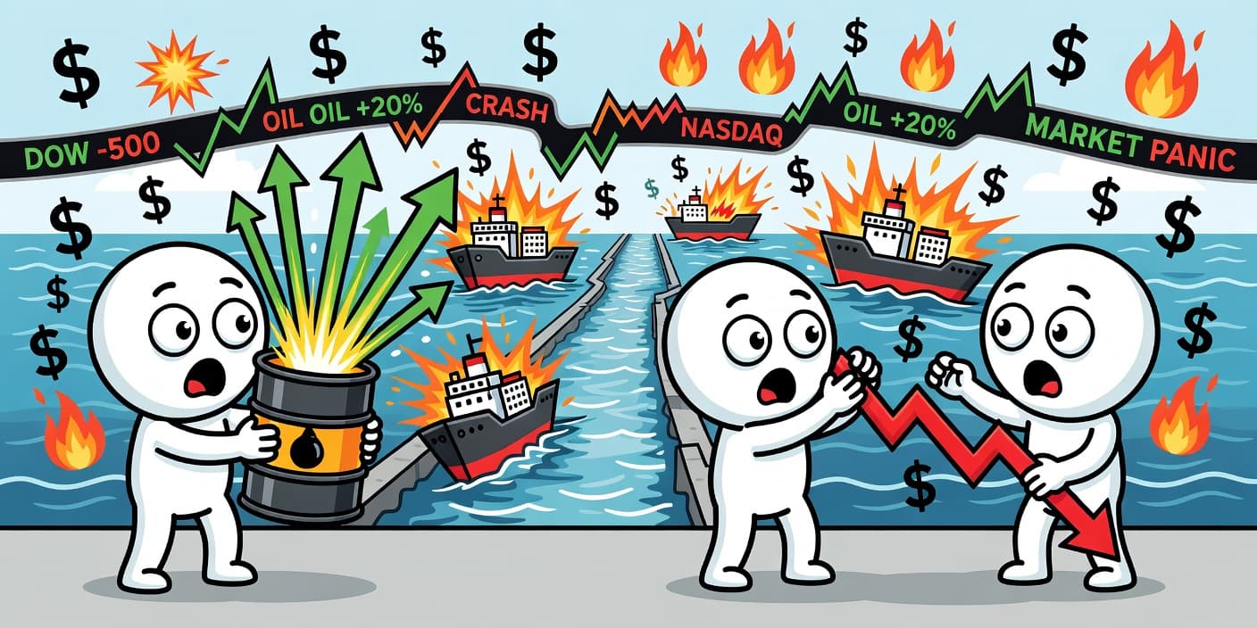 오일쇼크 공포 속 유가 급등 화살표와 폭발하는 선박, 하락하는 주식 차트가 결합된 카툰 이미지로 한국 증시 변동성과 중동 리스크를 상징적으로 표현