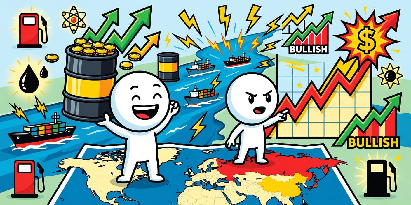 유가 급등하는 차트와 기뻐하는 러시아 캐릭터, 호르무즈 해협과 석유 배럴 아이콘으로 푸틴 특사 100달러 예언 반사이익 강조한 카툰 이미지