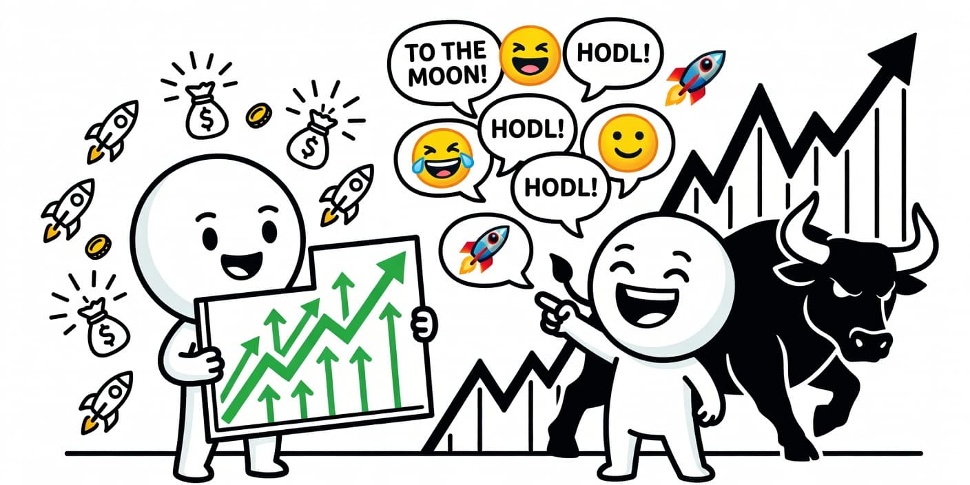 한화에어로스페이스 주가 폭등과 김승연 회장 밈을 상징하는 카툰 이미지, 상승 차트와 미사일 아이콘, 웃는 캐릭터로 방산주 열기 표현