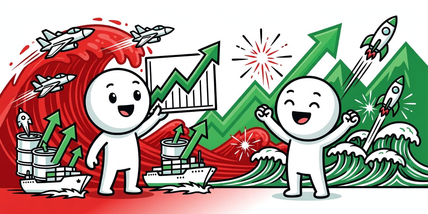 코스피 폭락 속 방산·석유·해운 주식 급등을 상징하는 카툰 이미지, 상승 차트와 전투기·기름통·화물선 아이콘으로 시장 생존 종목 강조