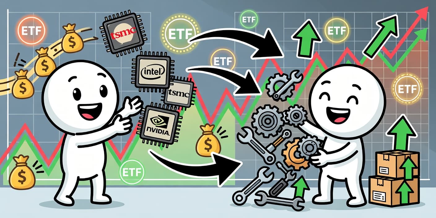 외국인 투자자가 삼성전자 칩을 버리고 반도체 소부장 장비와 부품을 잡는 카툰 이미지, 주가 상승 화살표와 차트로 자금 이동 흐름 강조