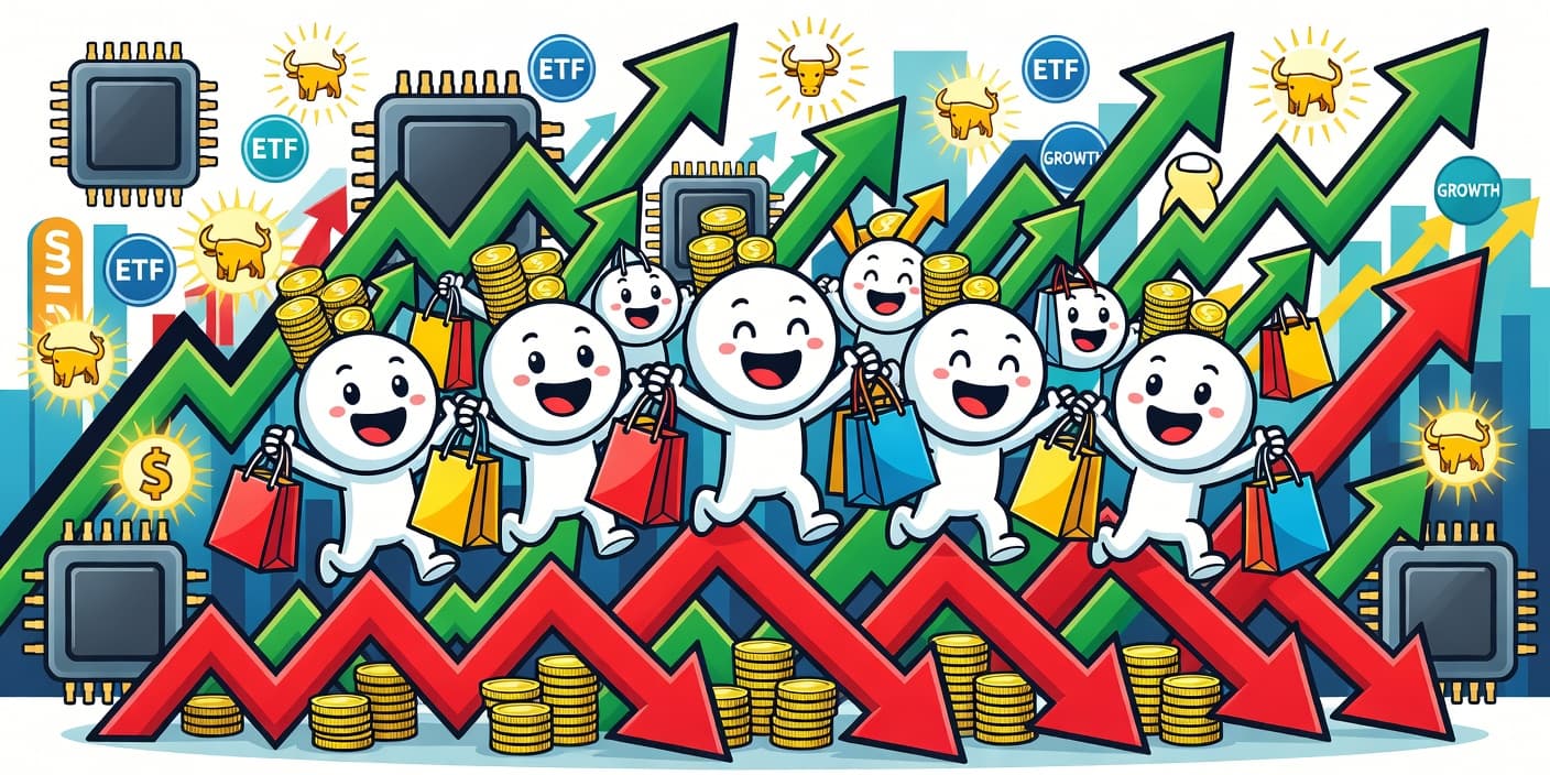 공포장서 반도체 레버리지 ETF를 열정적으로 매수하는 개미 캐릭터들, 상승 화살표와 칩 아이콘으로 저가매수 전략 강조하는 카툰 이미지
