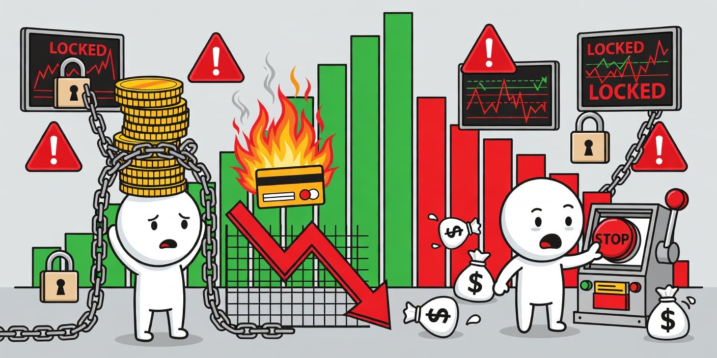 빚투 32조 사상 최대를 상징하는 카툰 이미지, 신용거래 중단과 반대매매 리스크를 표현한 하락 화살표와 자물쇠, 코스피 차트 폭락 장면으로 투자자 경고 메시지 전달
