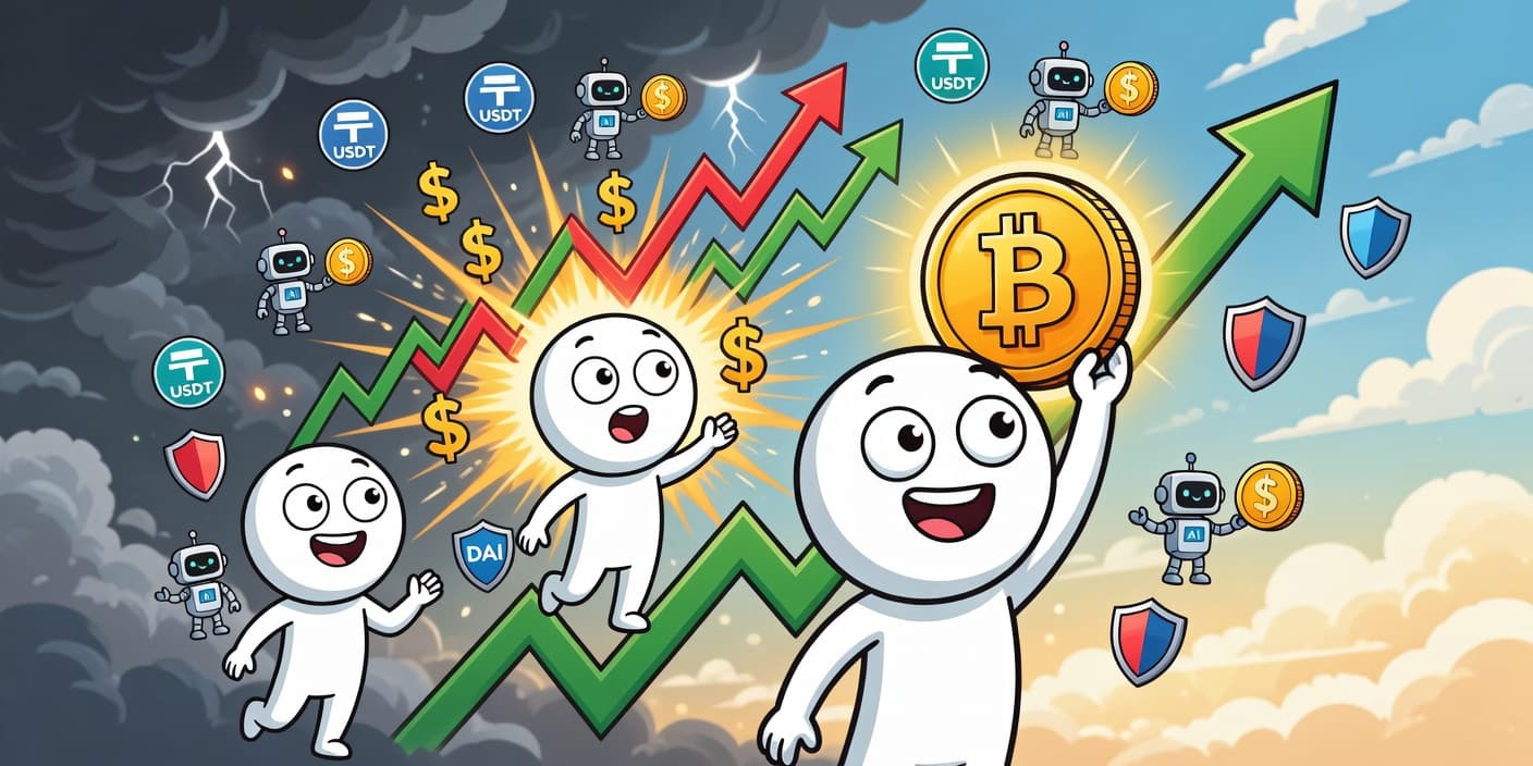 중동 긴장 속 상승하는 비트코인과 코인주 랠리를 상징하는 카툰 이미지, 녹색 화살표와 차트 폭발로 강세장 신호 표현