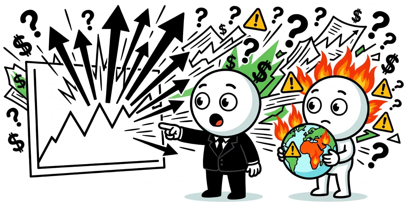 골드만삭스 CEO가 경고하는 중동 위기 속 시장 충격 장면, 평온한 차트가 폭발하는 카툰 이미지로 투자자 우려 표현