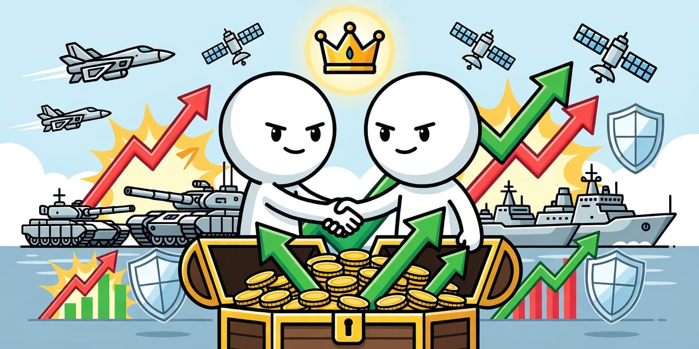 삼성과 한화의 빅딜로 탄생한 178조 방산제국을 상징하는 손잡는 캐릭터와 자주포, 전투기, 함정, 위성 등 방산 포트폴리오 아이콘 이미지