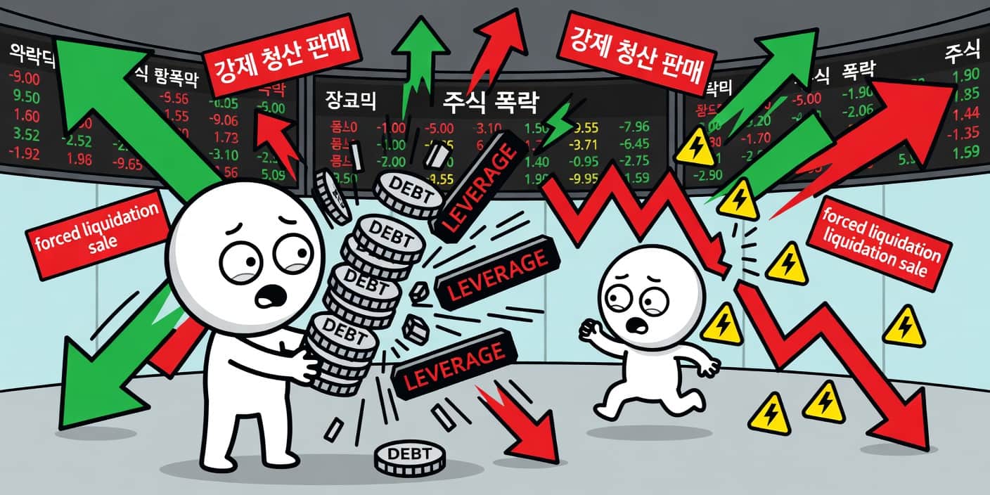 극심한 증시 변동성과 사상 최대 빚투를 상징하는 폭발하는 부채 동전과 하락 차트, 반대매매 공포를 표현한 카툰 이미지