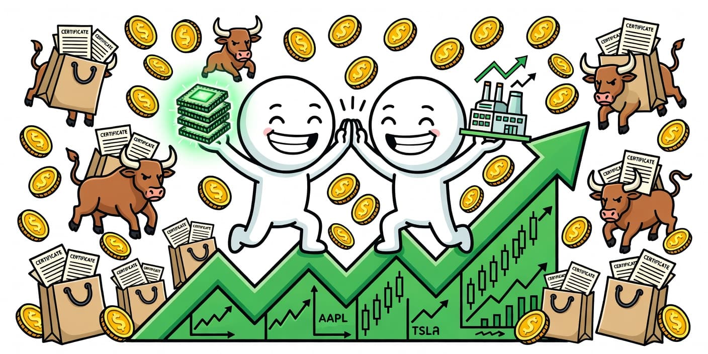 외국인 투자자들이 반도체 칩과 원전 아이콘을 들고 상승 차트 위에서 기뻐하는 카툰 이미지, K증시 순매수 열풍을 상징적으로 표현한 일러스트