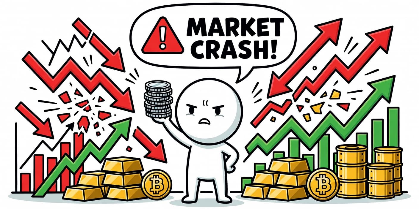 기요사키의 주식 대폭락 경고를 상징하는 카툰 이미지: 걱정스런 캐릭터가 은 동전 스택을 들고 하락 화살표와 폭락 차트 속에서 금괴와 비트코인 아이콘을 강조한 장면