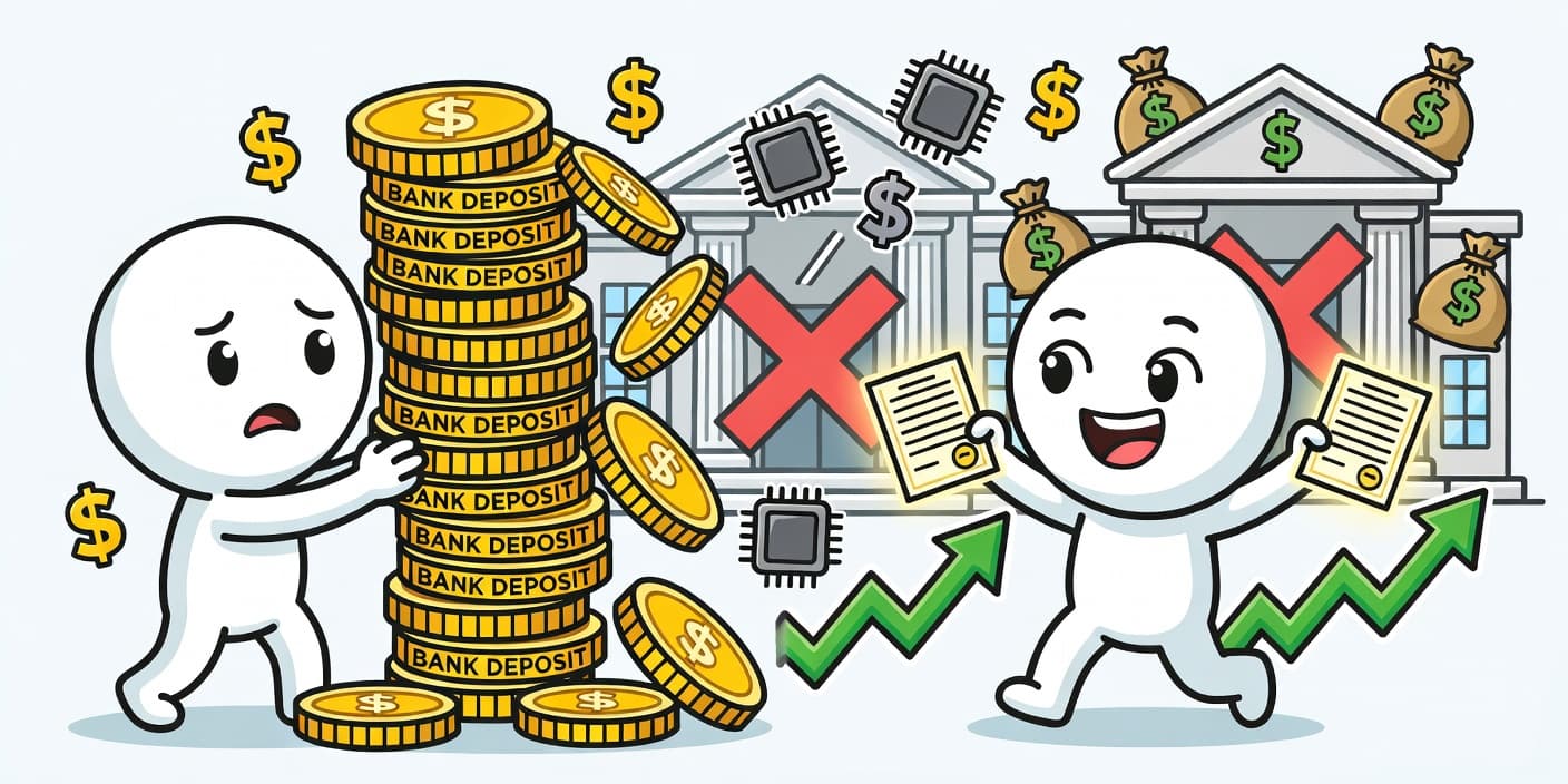 삼성전자 거대 현금 더미를 은행이 거부하고 채권 차트로 이동하는 장면, 반도체 머니의 채권시장 유입을 상징하는 카툰 이미지