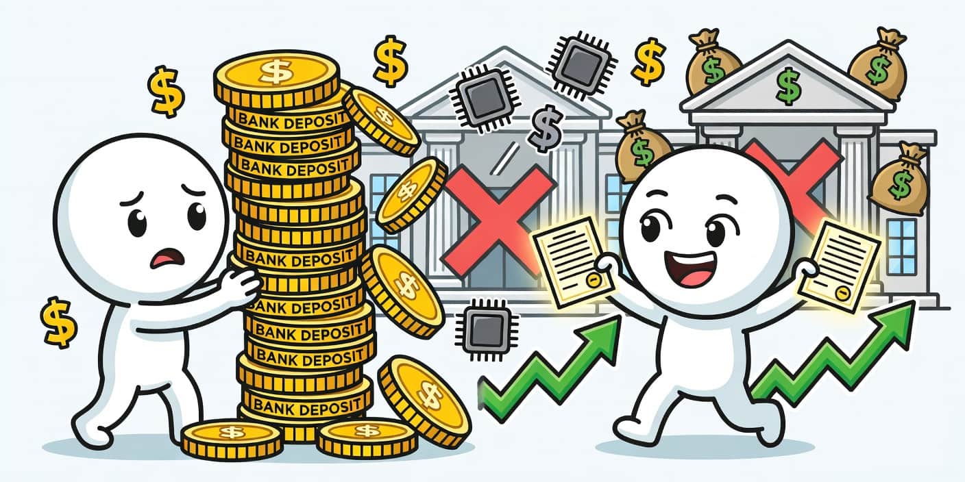삼성전자 거대 현금 더미를 은행이 거부하고 채권 차트로 이동하는 장면, 반도체 머니의 채권시장 유입을 상징하는 카툰 이미지