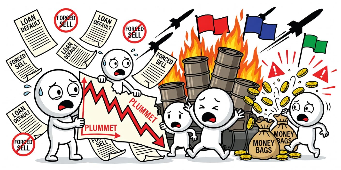 빚투 반대매매 폭증과 美-이란 전쟁 여파로 주가 폭락하는 증시 상황을 상징하는 카툰 이미지, 하락 차트와 불안한 투자자 캐릭터 표현