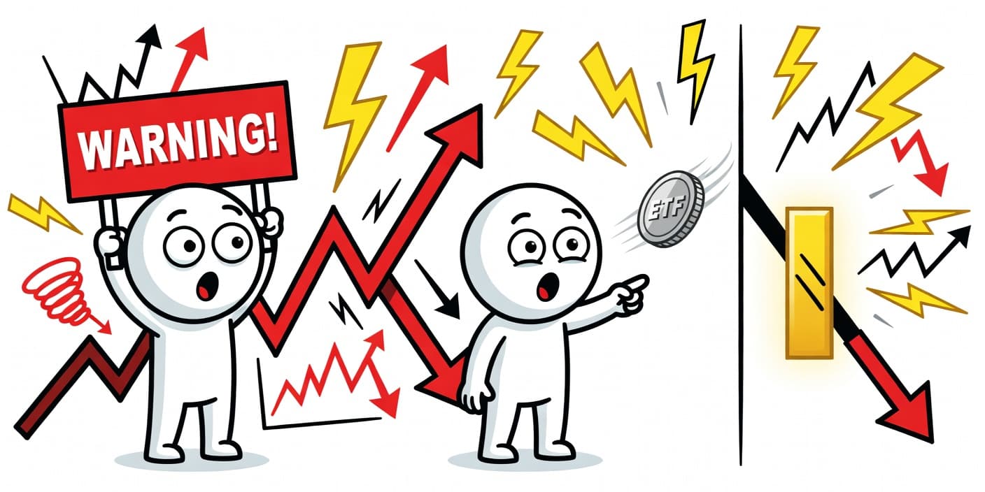 중동 리스크로 폭증하는 ETF 괴리율 초과를 상징하는 카툰 이미지. 놀란 캐릭터가 경고 사인을 들고 주식 차트의 급등락과 괴리율 갭을 가리키며 투자 위험을 표현.