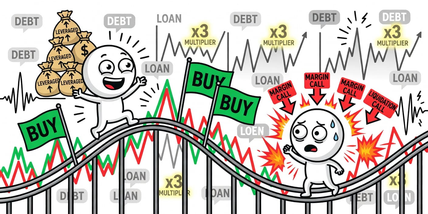 빚투 풀매수와 레버리지 확대를 상징하는 캐릭터가 주식 차트 롤러코스터 위에서 매수 신호를 외치며 돈주머니를 들고 있는 만화 이미지, 반대매매 리스크와 변동성 표현
