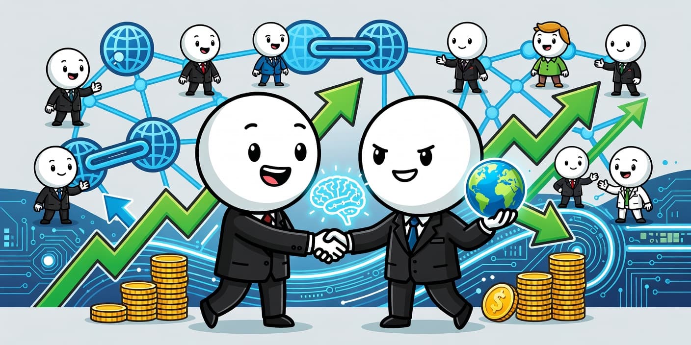 두산의 피지컬 AI 투자 소식을 상징하는 카툰 이미지: AI 브레인과 월드 모델 지구를 들고 악수하는 캐릭터들, 상승 화살표와 네트워크 아이콘으로 글로벌 파트너십 강조