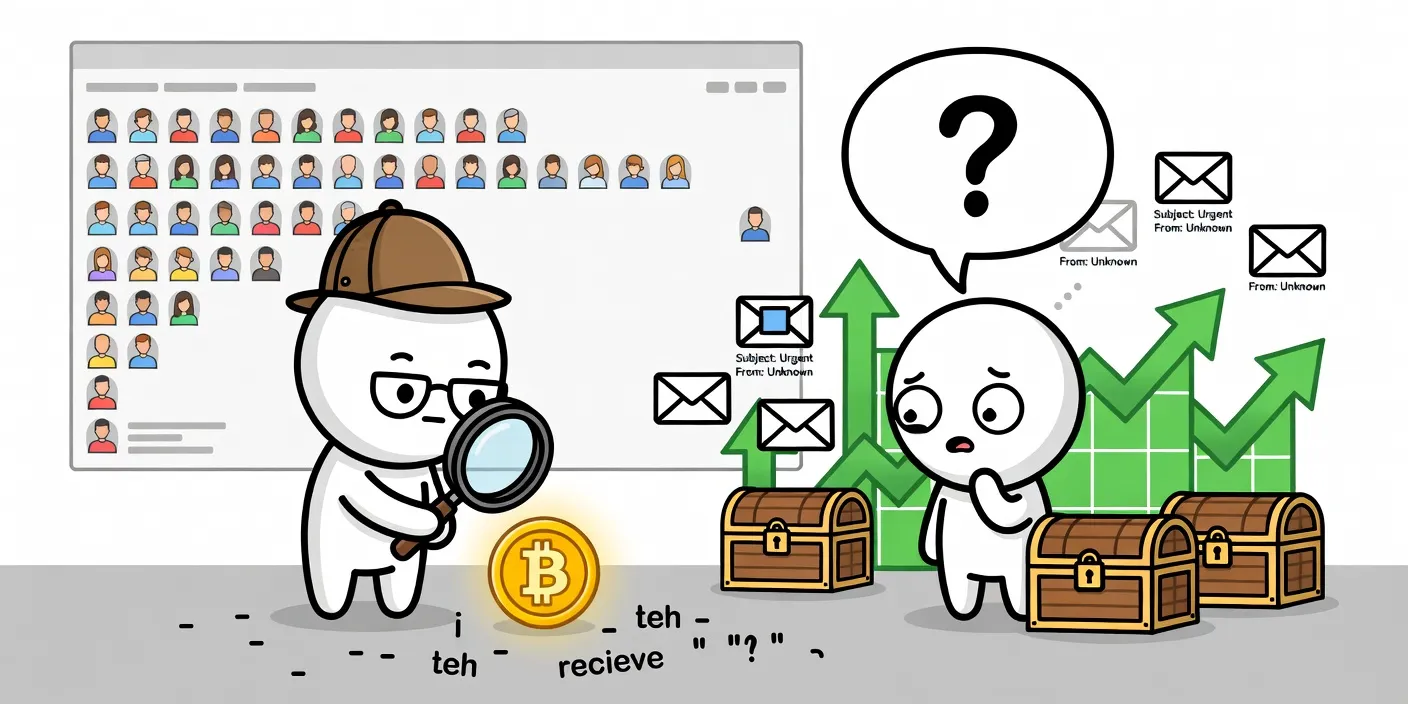 사토시 나카모토 정체를 추적하는 탐정 캐릭터가 오타와 키보드 흔적을 확대 분석하며 비트코인 동전과 차트, 보물 상자를 노출하는 카툰 이미지. NYT 탐사 보도와 애덤 백 의혹을 상징적으로 표현