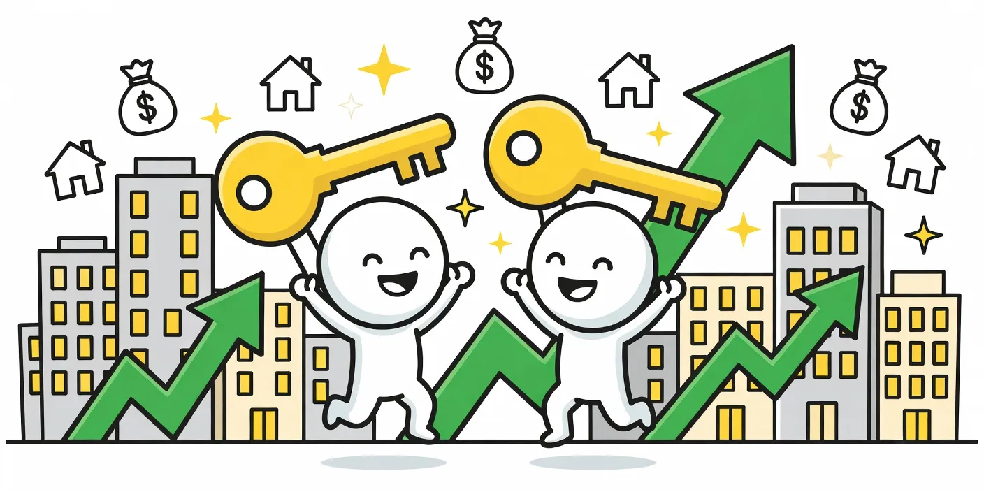 로또 아파트 당첨을 상징하는 거대한 열쇠와 상승 화살표, 아파트 건물이 빛나는 카툰 이미지로 서울 오티에르 반포와 강동 헤리티지 자이 청약 열기 표현