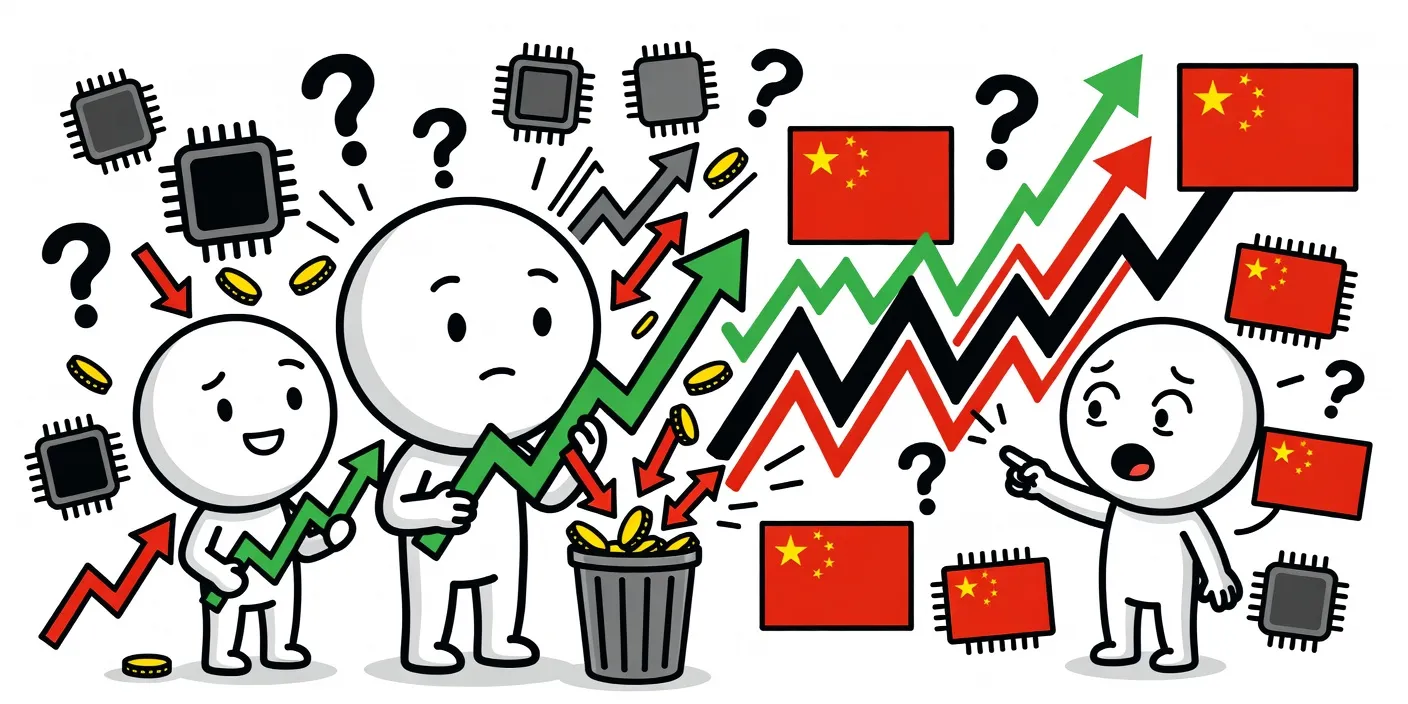 삼성전자 실적 상승 차트와 외국인 매도 화살표, 변동성 그래프와 중국 성장 아이콘을 결합한 카툰 이미지로 투자자 혼란 표현