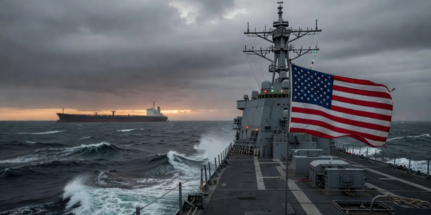 호르무즈 해협 근처 미 해군 함정과 유조선이 긴장된 분위기로 배치된 실사 이미지, 국제유가 급등과 트럼프 역봉쇄 정책의 지정학적 긴장감을 상징적으로 표현