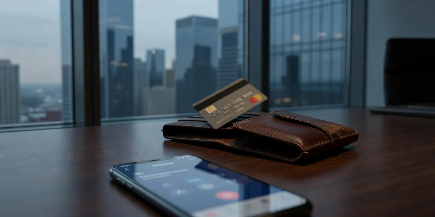 지갑에서 빠져나가는 신용카드와 스마트폰 간편결제 앱을 상징적으로 표현한 이미지, 카드사 고객 이탈과 페이 확산 위기를 시각화