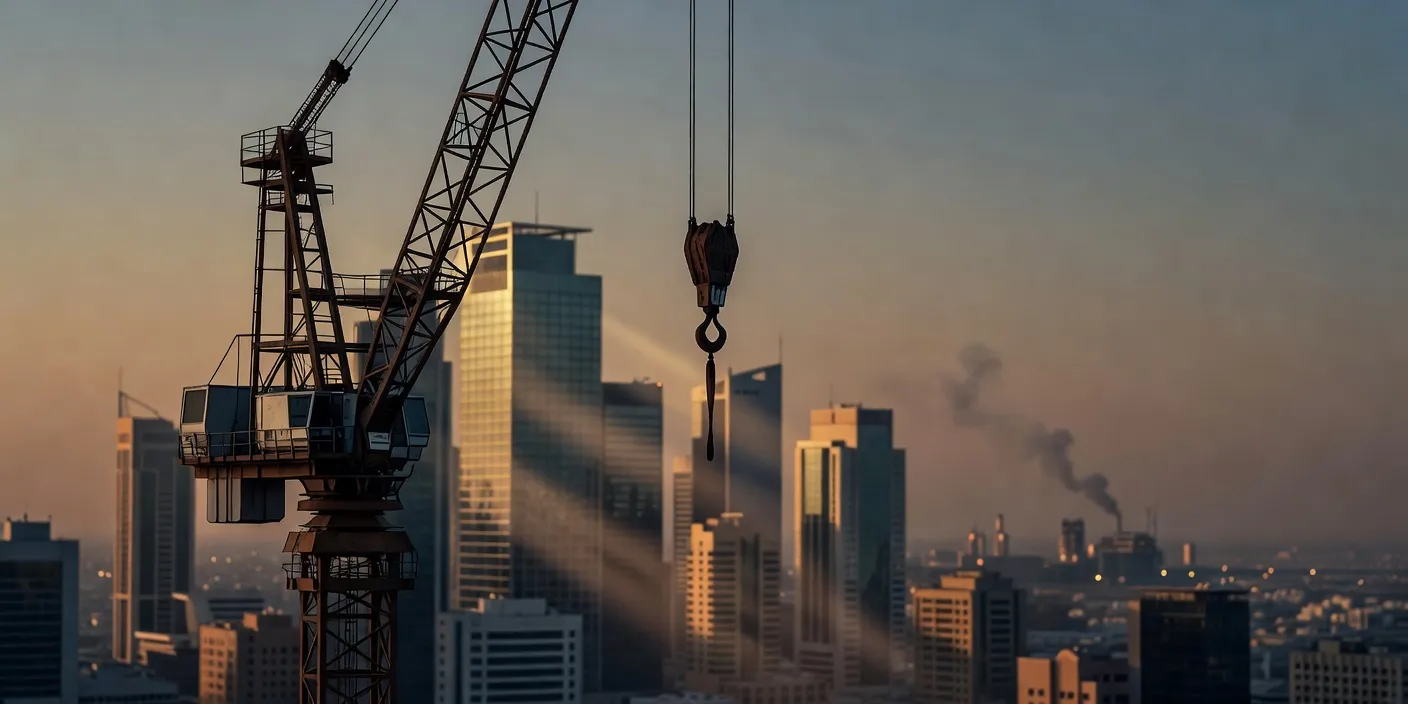 중동 도시 스카이라인 배경에 건설 크레인과 희미한 연기 기둥이 어우러진 실사 이미지, 전쟁 후 재건 테마와 건설주 급등 분위기를 상징적으로 표현