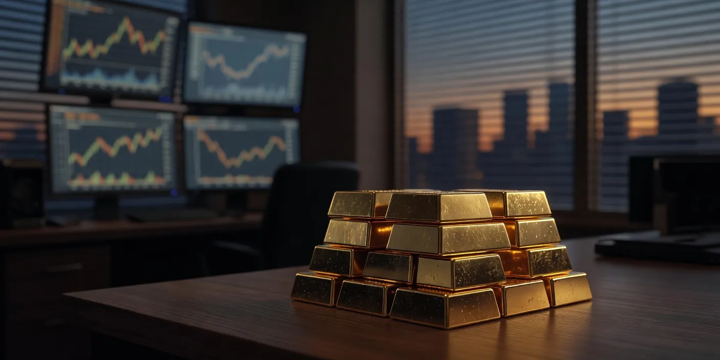 금괴가 쌓인 거래실 책상 위 모습, 흐릿한 금융 차트 배경으로 금값 반등과 2분기 상승 랠리 재개 분위기를 상징하는 고품질 저널리즘 사진