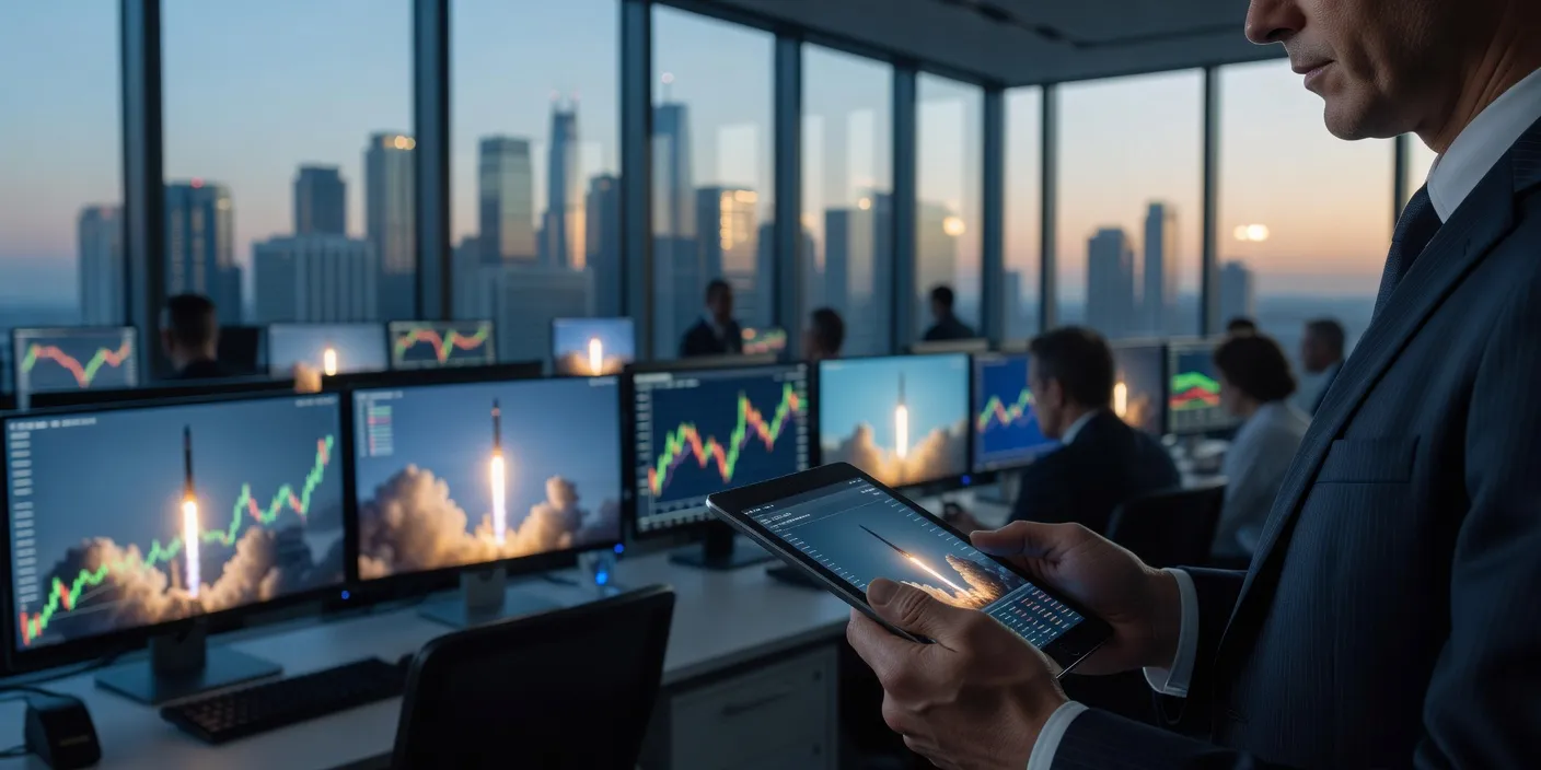 스페이스X IPO를 상징하는 현대적 트레이딩 플로어에서 모니터에 흐릿한 로켓 발사 영상과 금융 그래프가 보이는 실사 이미지, 국내 공모 가능성을 암시하는 비즈니스맨 손 부분 클로즈업