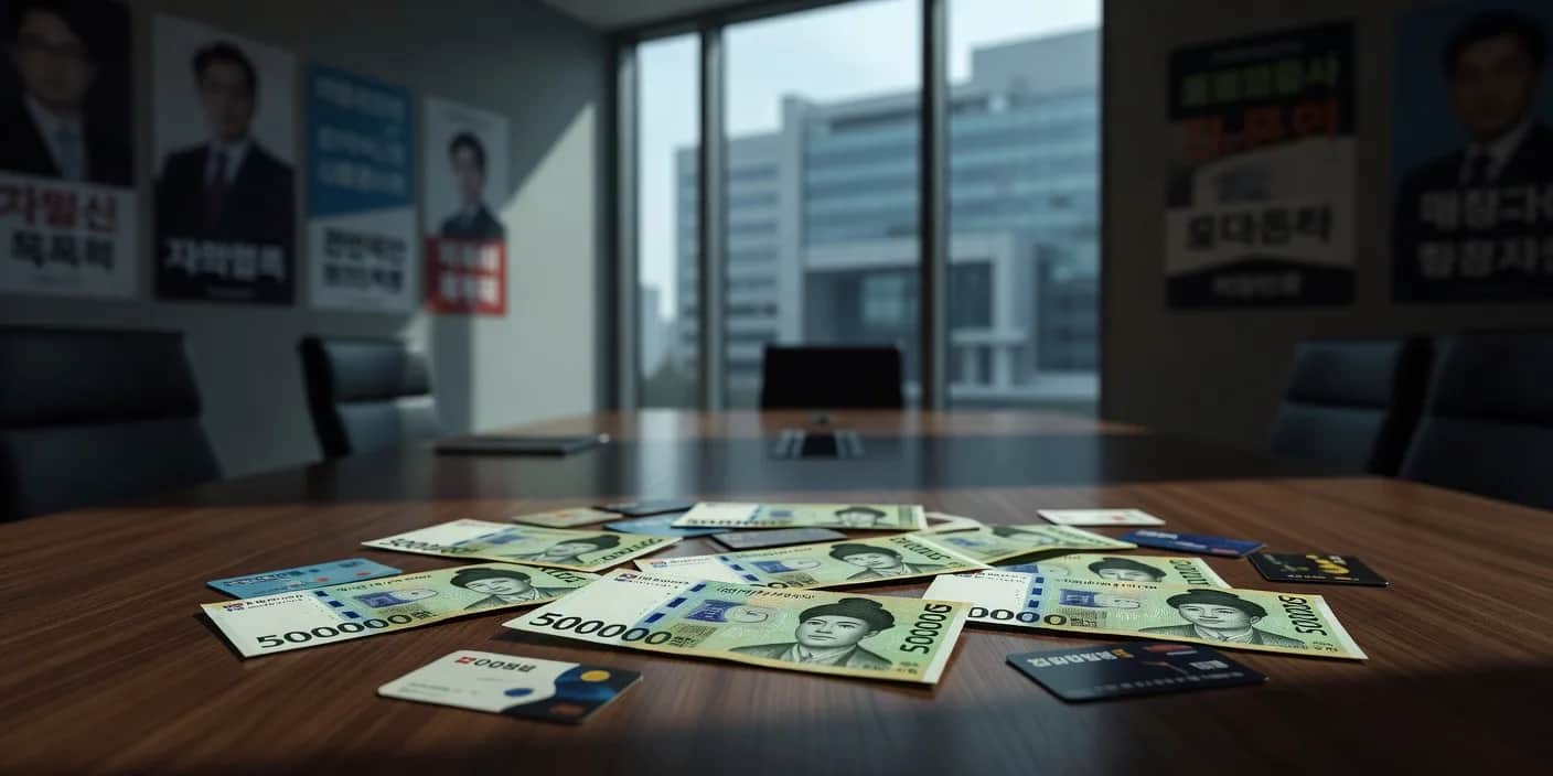 지방선거 현금 공약을 상징하는 한국 지폐와 지역화폐 카드가 흩어진 테이블 사진, 포퓰리즘 논란 속 여야 후보들의 1인당 100만 원 지급 공약을 시각화한 이미지