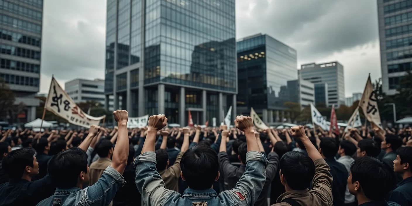 서울 현대차그룹 본사 인근 금속노조 결의대회 현장, 박상만 위원장 대회사 모습과 노조원들 성과급 요구 플래카드