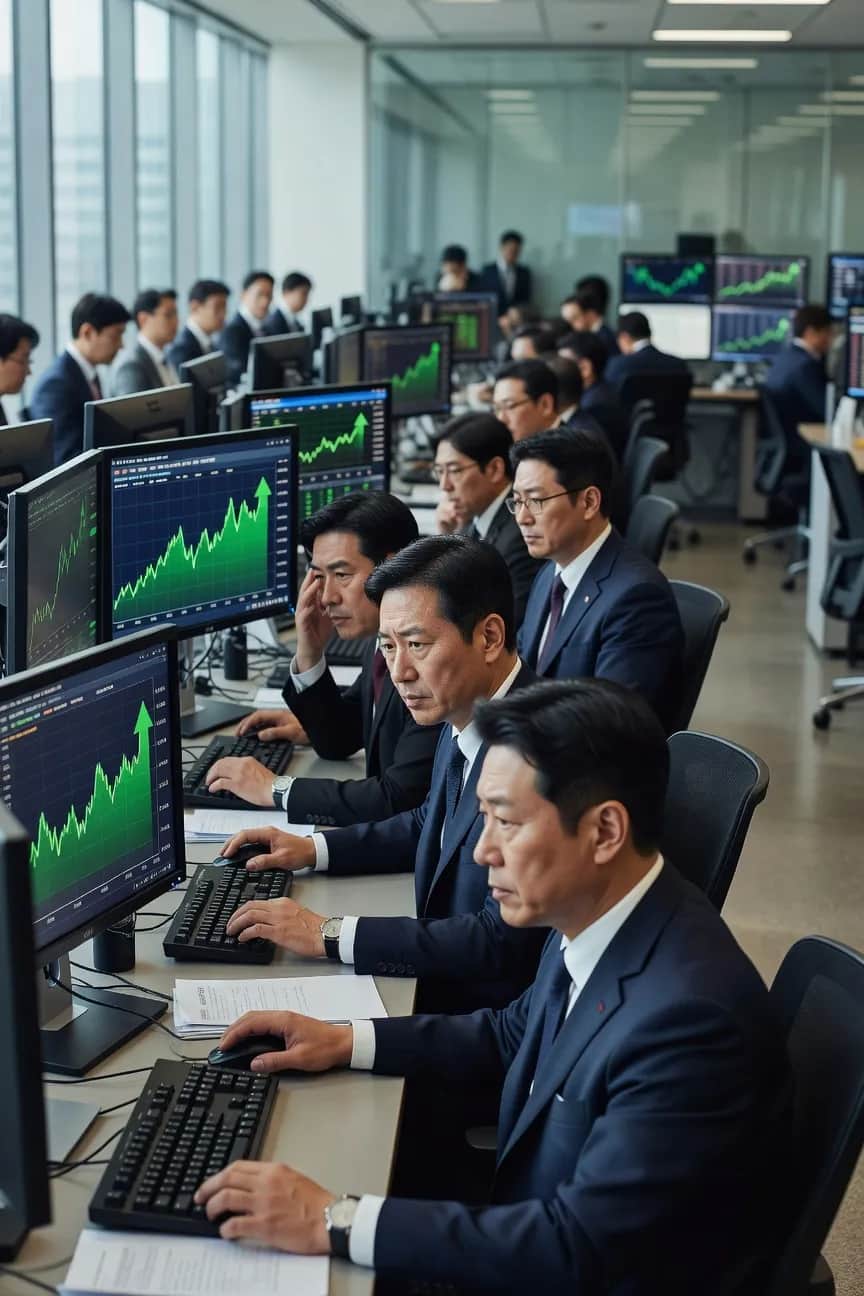 서울 증권사 딜링룸에서 코스피 지수 상승 추세를 주시하는 트레이더들, 고점 돌파 긴장감 가득한 모습
