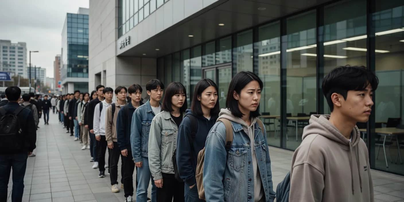 서울 고용복지플러스센터 앞 청년 구직자들 줄서 있는 모습, AI 도입으로 인한 실업 증가와 청년 취업난을 상징하는 장면