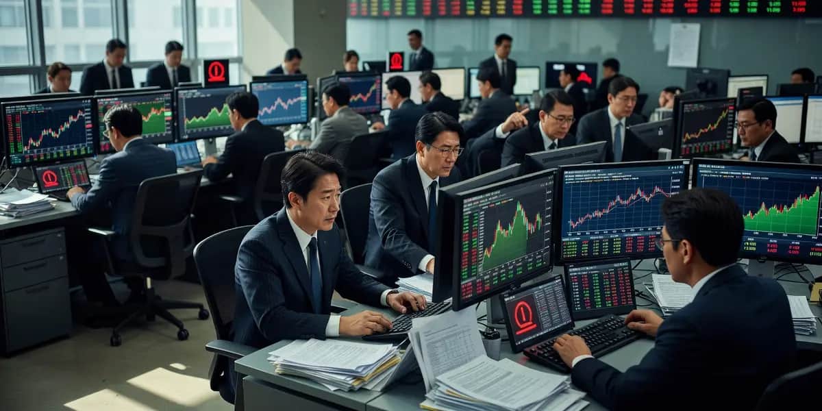 여의도 증권거래소에서 상승하는 코스피 지수와 신용융자 잔고 34조 원 돌파 관련 직원들이 주가 모니터 확인하는 모습, 빚투 과열과 증권사 제한 조치 상징