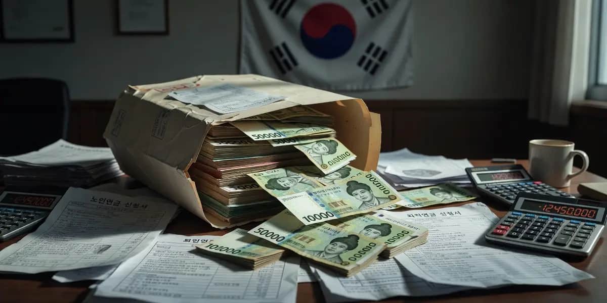 공무원연금 적자 보전을 위한 혈세 10조 원 투입 상징 이미지, 예산 문서와 지폐가 넘쳐흐르는 장면