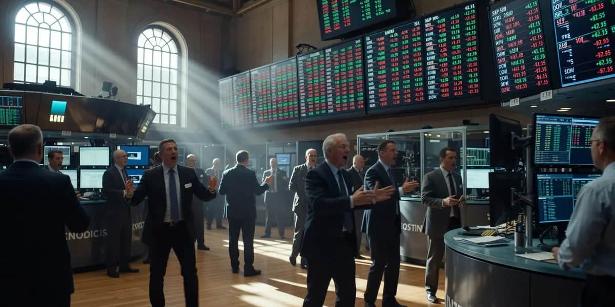 뉴욕증권거래소 NYSE 장내에서 주가 지수 화면과 트레이더들 모습, 유가 급등 속 보합 마감 분위기 포착
