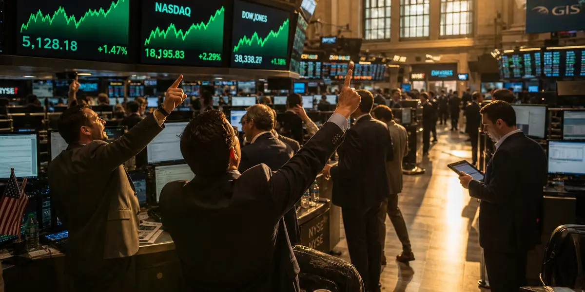 뉴욕증권거래소에서 빅테크 실적 호재로 S&P 500과 나스닥 지수가 사상 최고치를 경신하며 환호하는 트레이더들 장면