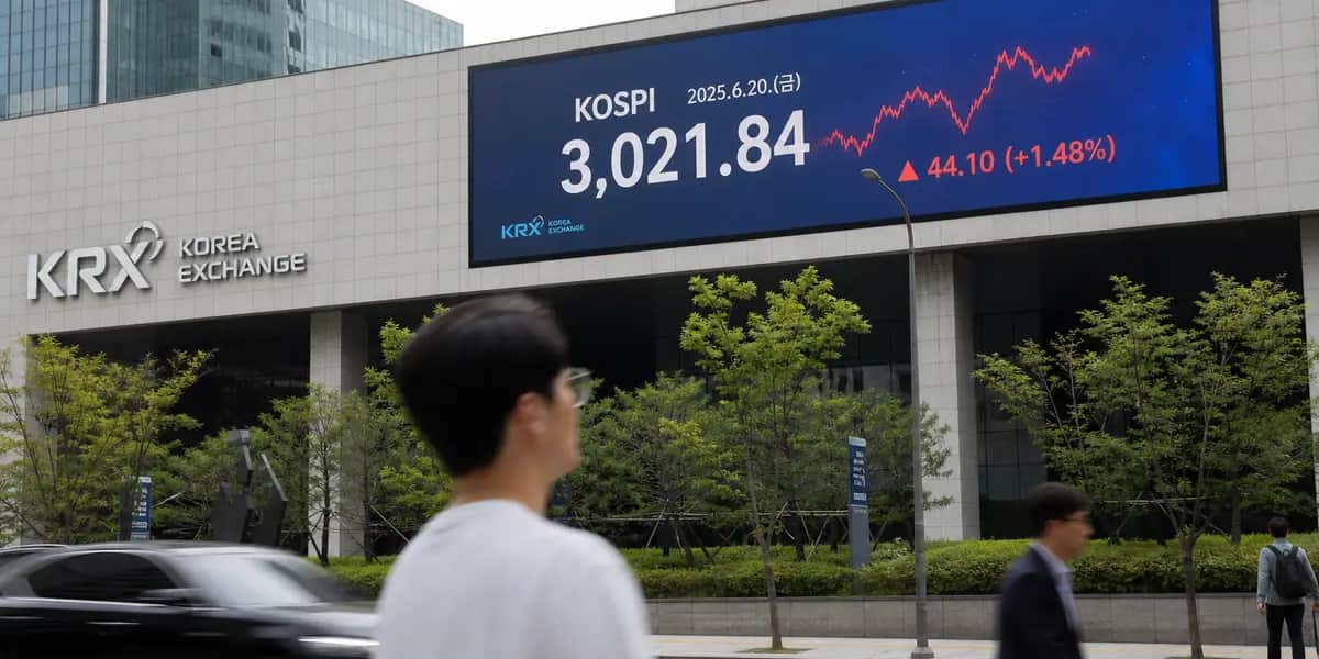한국거래소 건물 외관과 코스피 지수 상승 전광판을 배경으로 한 사진, 7000포 직전 고공행진 속 개인 매도와 외국인 매수 수급 변화 상징