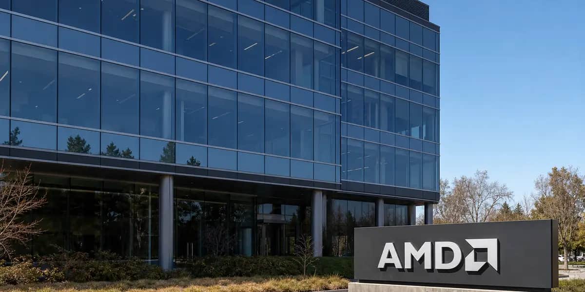 AMD 본사 건물 외관, AI 붐 속 CPU 시장 성장 전망과 주가 급등 소식 상징하는 실사 사진 (로이터 자료사진 스타일)