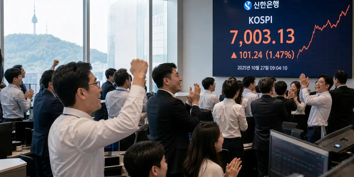 코스피 7000 돌파 기념 딜링룸 세리머니, 상승 종목 적고 하락 많음에도 지수 폭등 장면 (우리은행 본점)